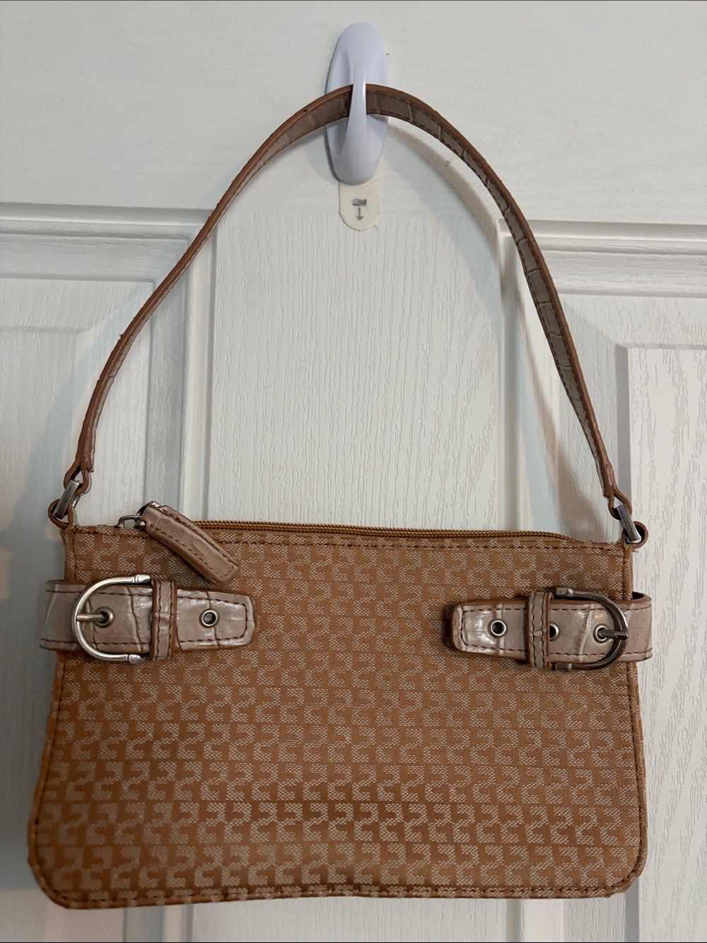 Charter Club Tan Patterned Shoulder Bag with Buckle Accents